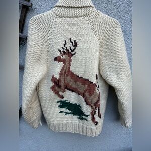 Vintage Cowichan Cardigan Sweater Womens Large 70s Handknit Chunky Wool Reindeer
